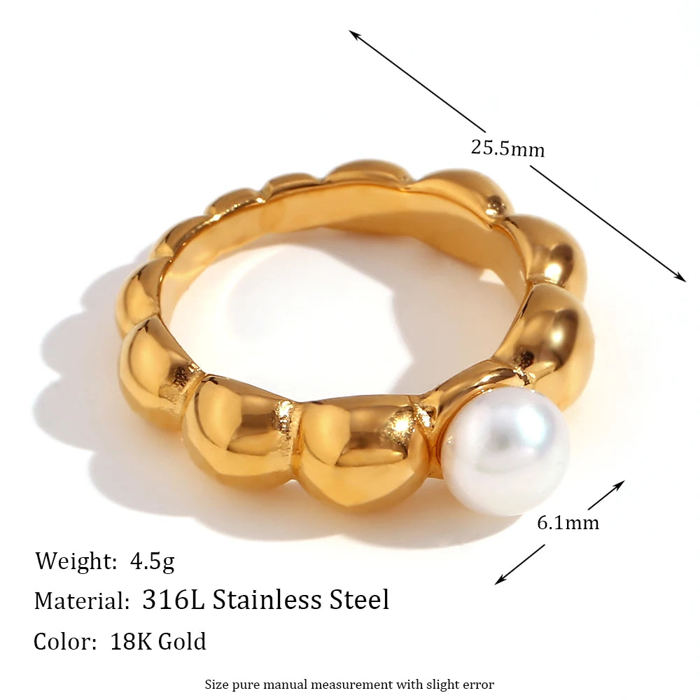 Lace Wave Imitation Pearl Ring, 18K Gold Plated, Waterproof Stainless Steel Jewelry