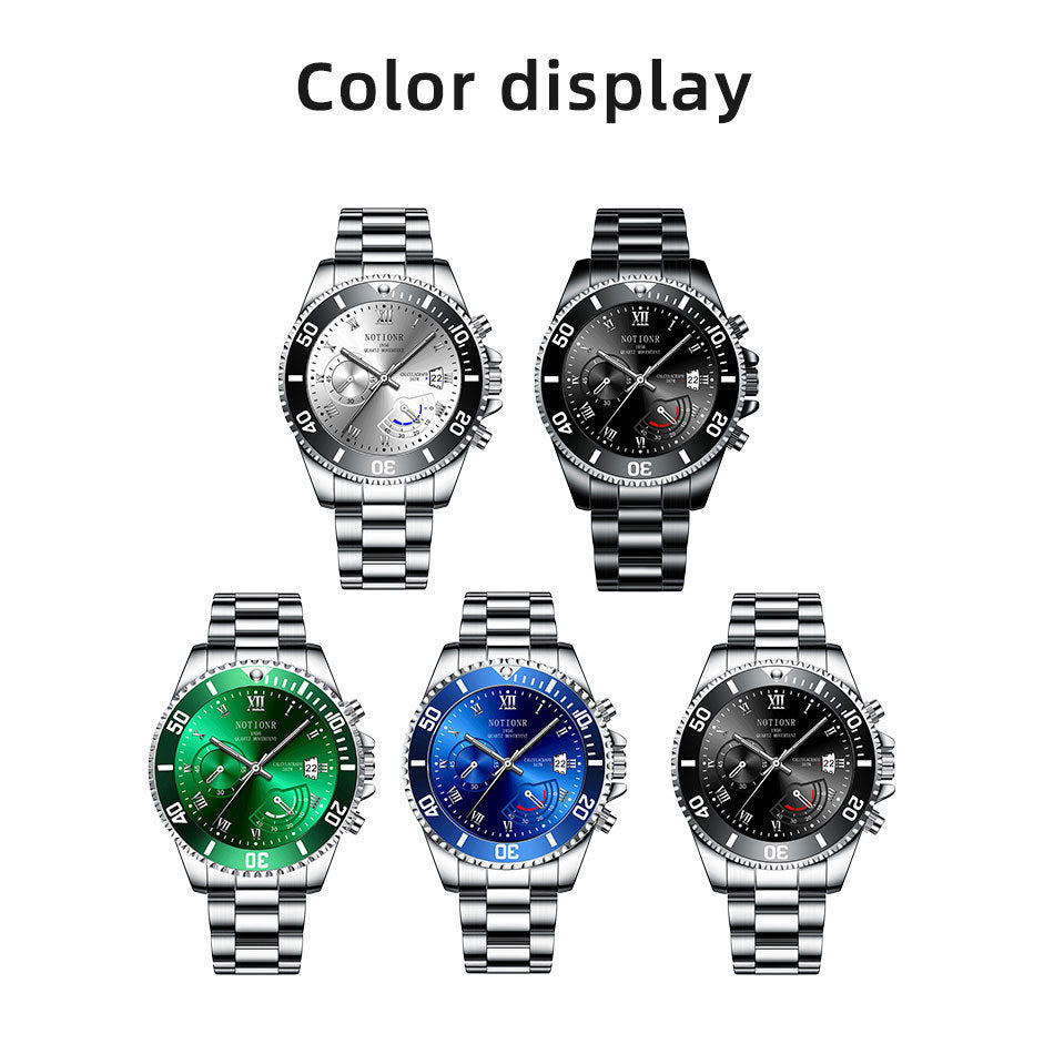 Waterproof Green Dial Diver Style Steel Luminous Calendar Quartz Watch