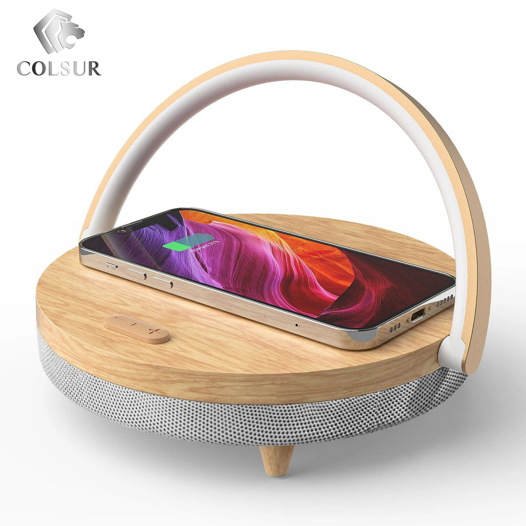 3-in-1 Wooden Wireless Charger with LED Lamp & Bluetooth Speaker