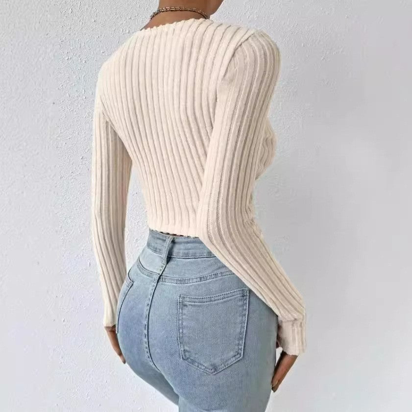 Short Deep V-neck Slim-fit Long Sleeve Knitted Sweater