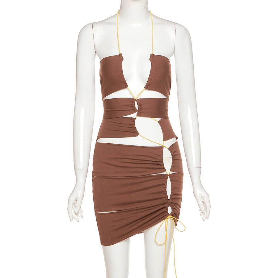 Irregular Hollow Drawstring Halter Neck Sexy Dress