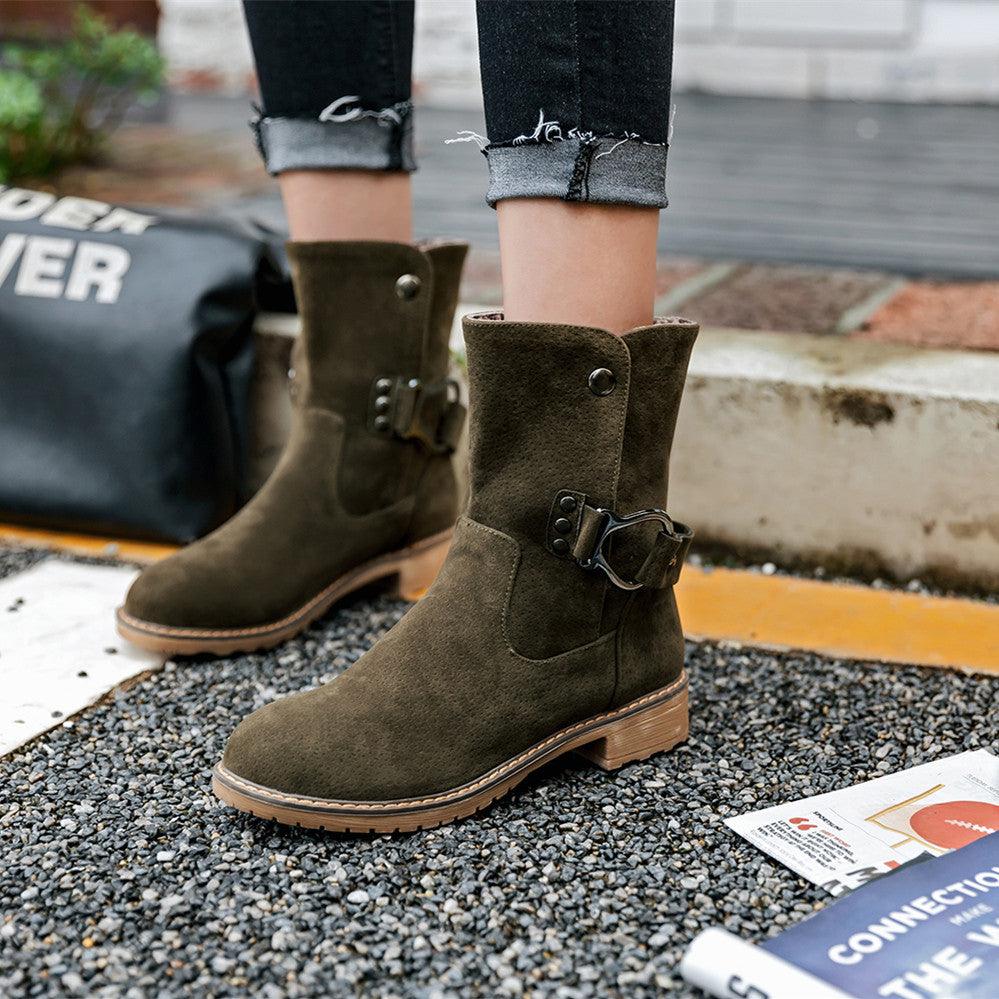High-top Flat Round Toe Belt Buckle Mid-boots