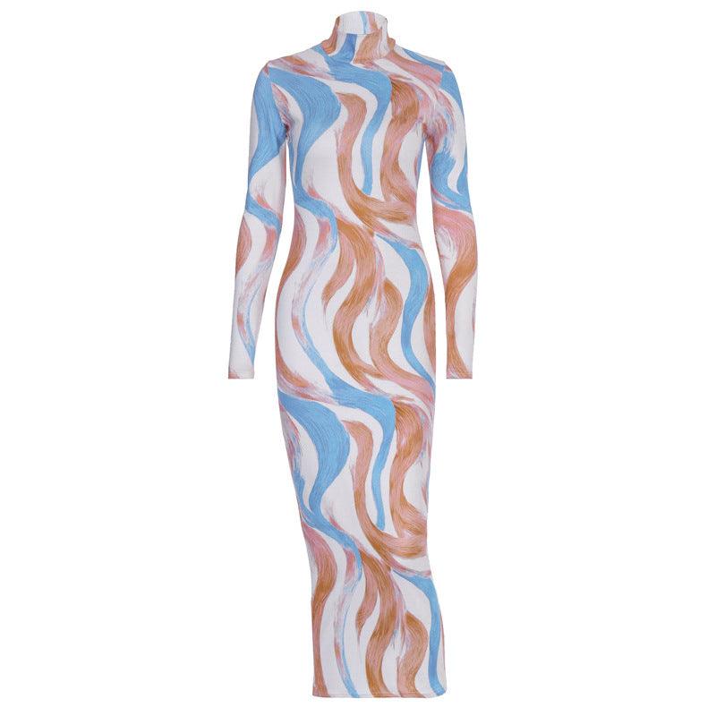 Casual Round Neck Print Split Mid-Length Dress