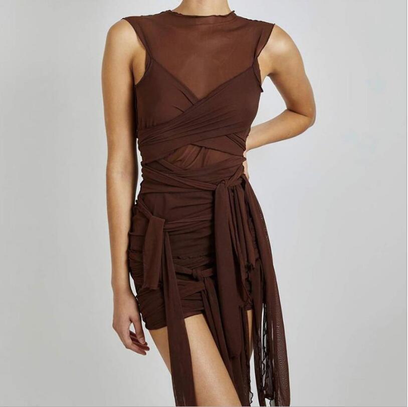 Ribbons Mesh See Through Bodycon Party Dresses Women Clubwear Mini Dress Solid Sleeveless Basic Female Outfits