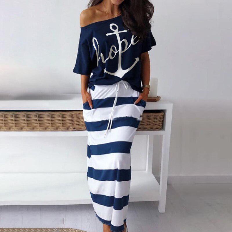Navy Anchor Print Short Sleeve T-Shirt and Skirt Set