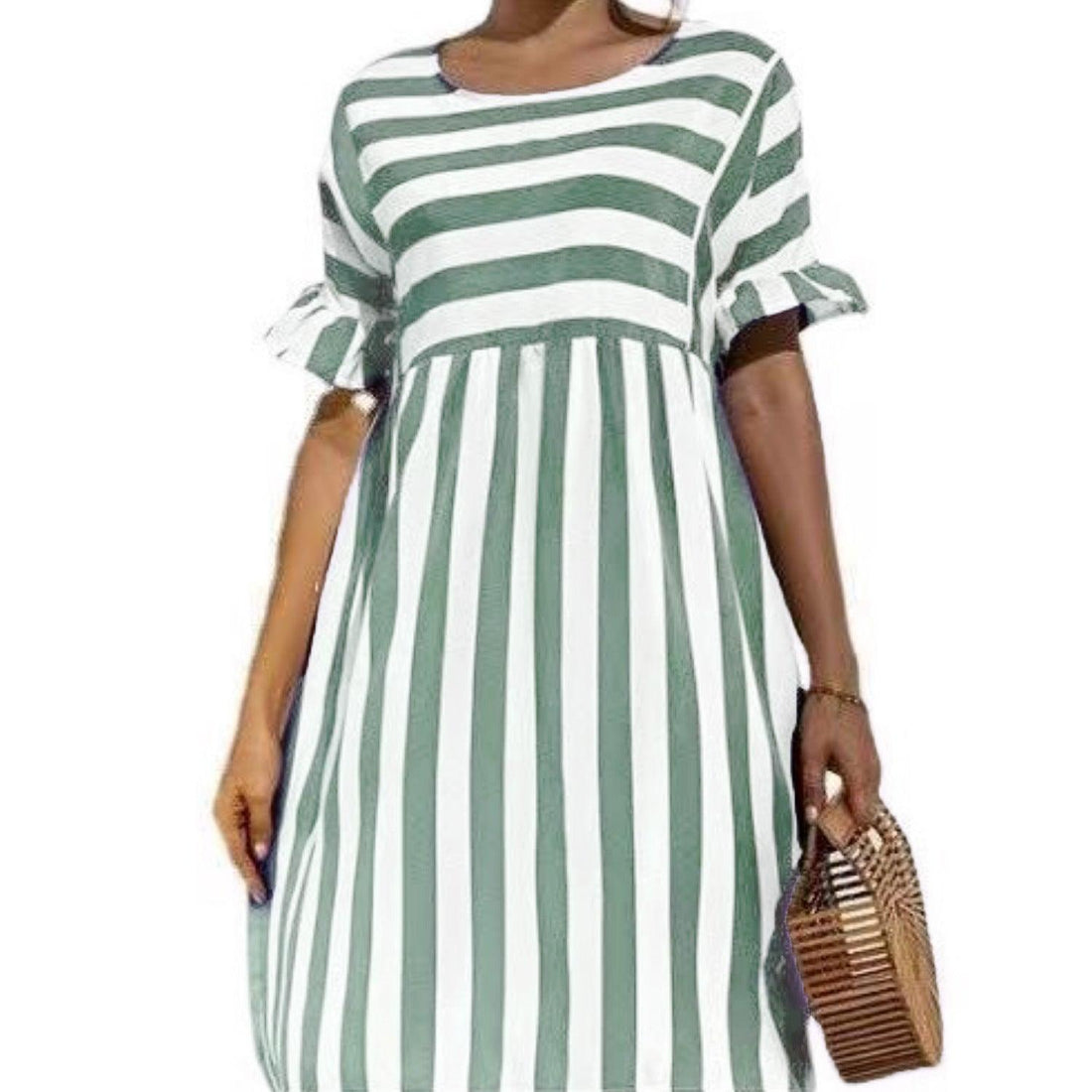 Ruffled Short-sleeved Striped Stitching Contrast Pocket Loose Dress