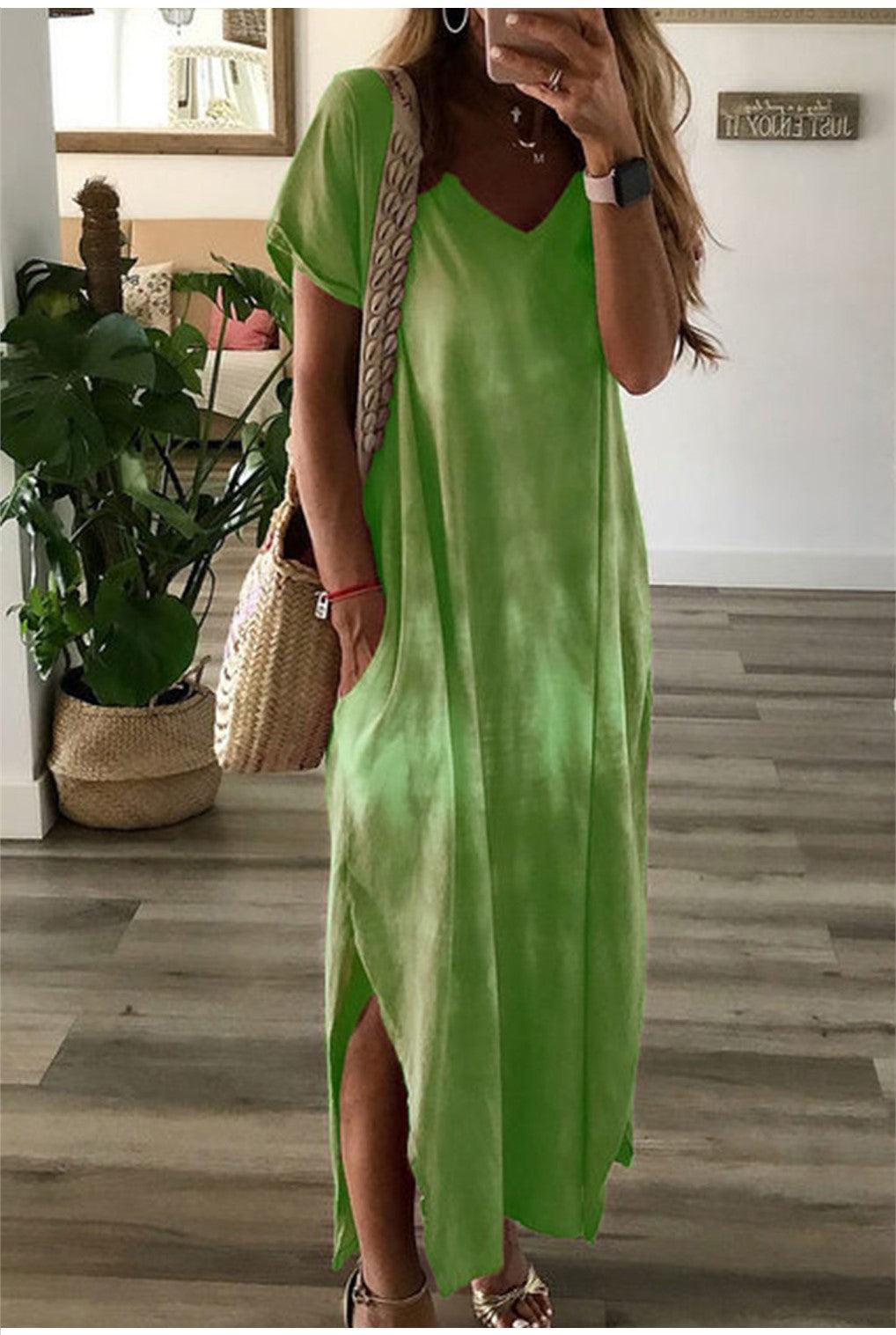 Tie-dye Printed V-neck Pocket Long Dress