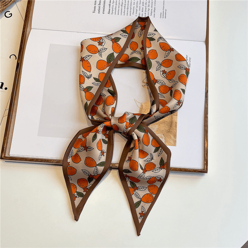 Narrow and Long Fruit Print Imitation Silk Scarf