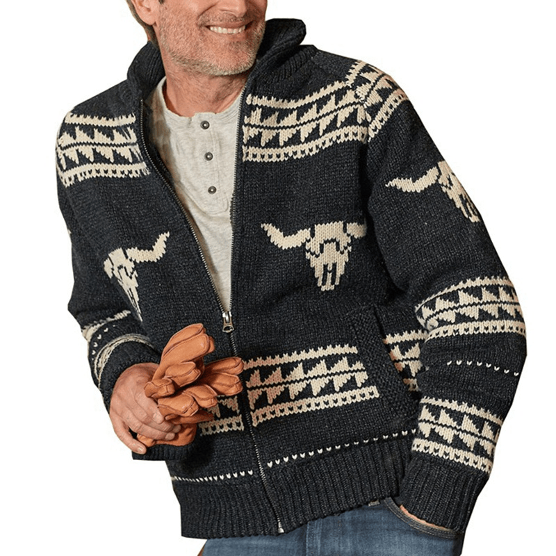 New Men's Clothing Autumn and Winter Long-Sleeved Black Jacquard Sweater