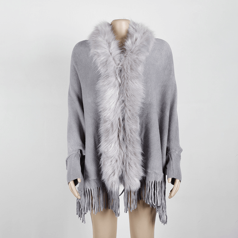 Autumn and Winter Fringed Cloak Shawl Fur Collar Solid Color Cardigan