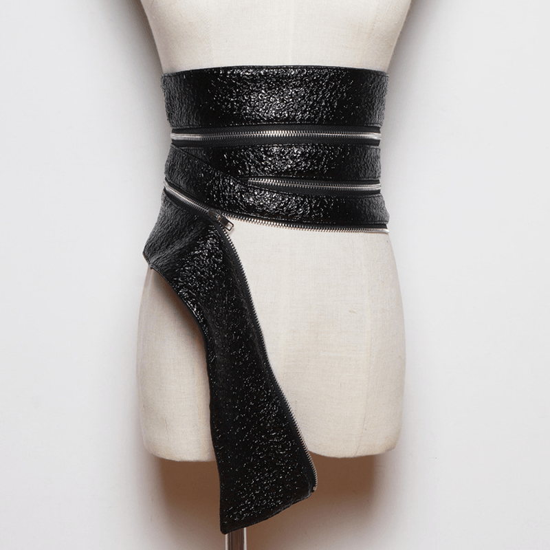 Women's Black Wide Waist Belt, Multi-Level Zipper Waist