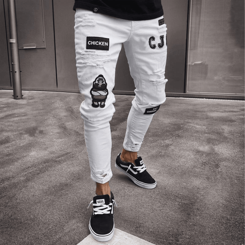 White High-End Denim Men's Trousers Hole Trend Black Slim Jeans Men