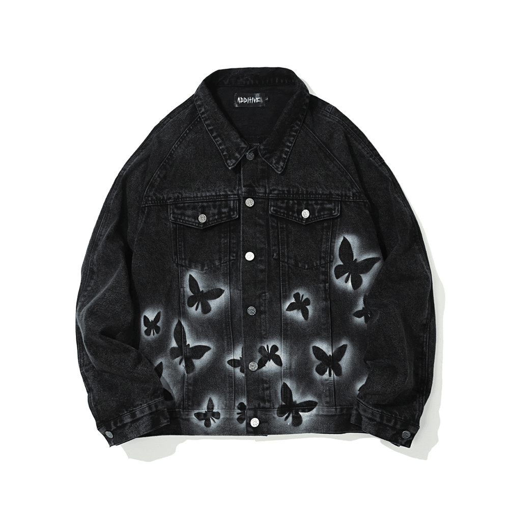 Butterfly Print Denim Jacket Men's Trendy Jacket