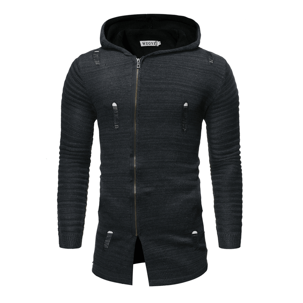 Men's Casual Knit Sweater Diagonal Pull Hole Hooded Cardigan Sweater Men