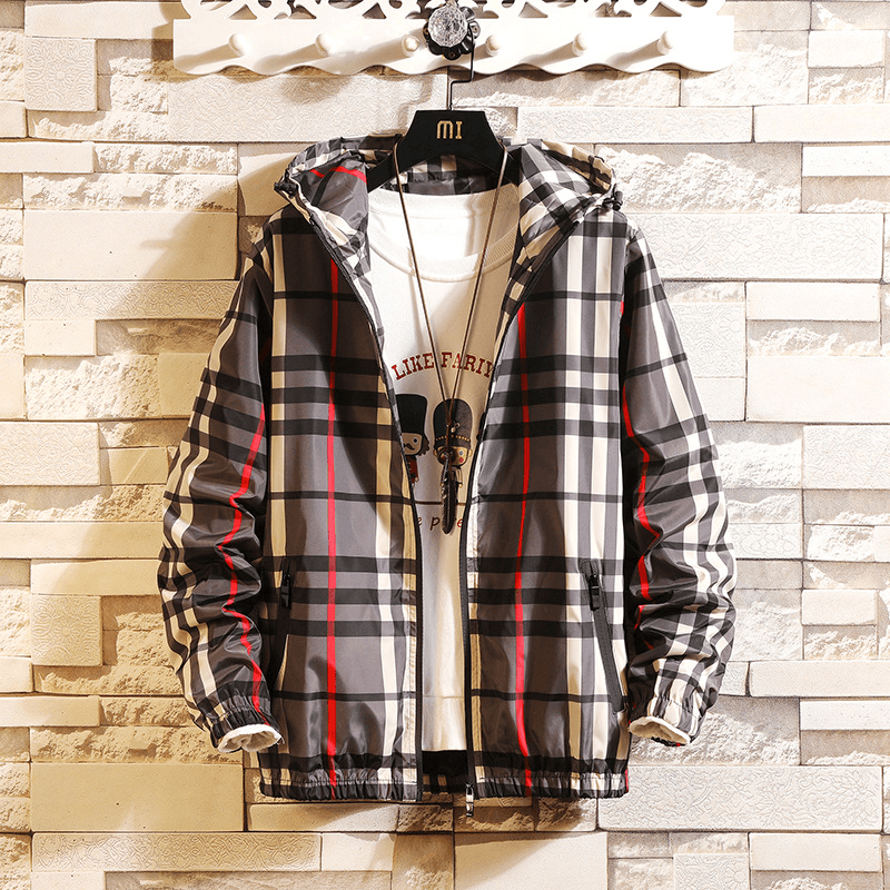 Spring Men's Japanese Slim Hooded Plaid Jacket