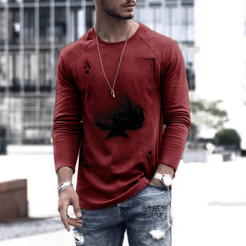 Fashion Poker Printed Top Men's round Neck Long Sleeve