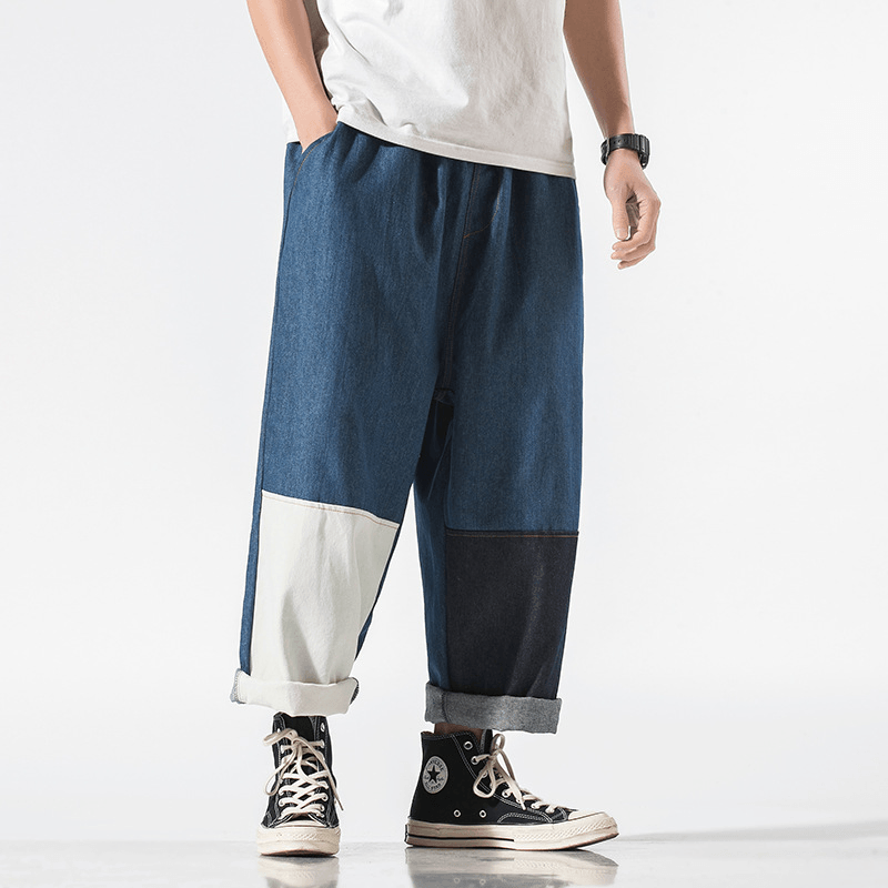 Men's Color Block Wide-Leg Jeans for Spring and Summer