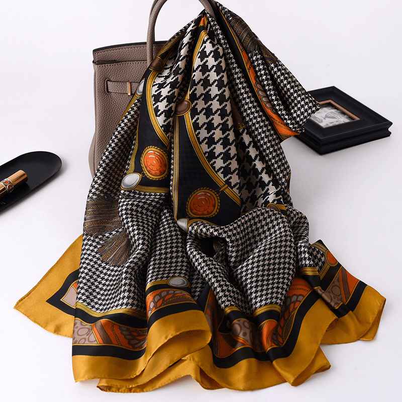 Faux Silk Shawl Dual-Use Houndstooth Scarf