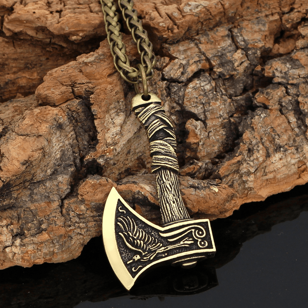 Celtic Wolf and Crow Double-Sided Axe Pendant