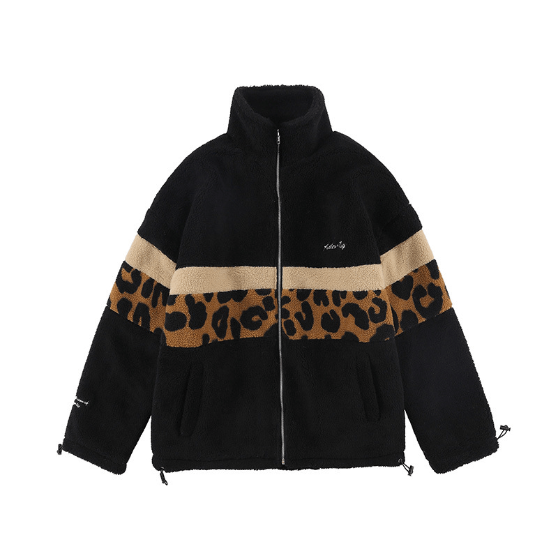 Lamb Wool Coat Men's Color Matching Leopard Print Loose and Thick to Keep Warm