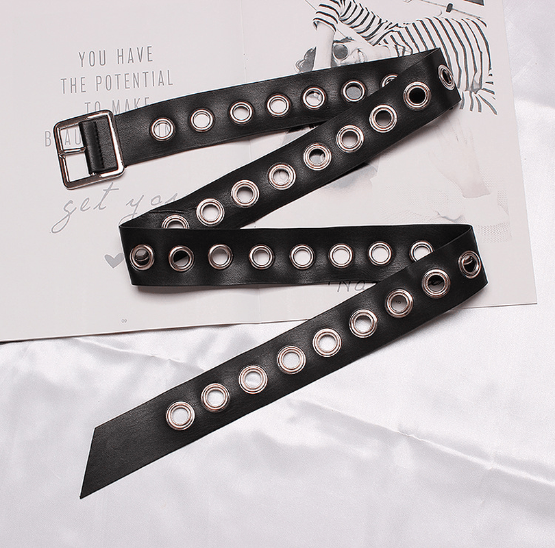 Versatile Ring Extra Long Belt Female Black Wide Metal Eyelet Female Belt Decorated Dress Trousers