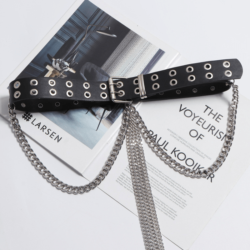 Fashion All-Match Black Belt Tassel Chain Double Row Perforated Hundred Matching Waist Seal