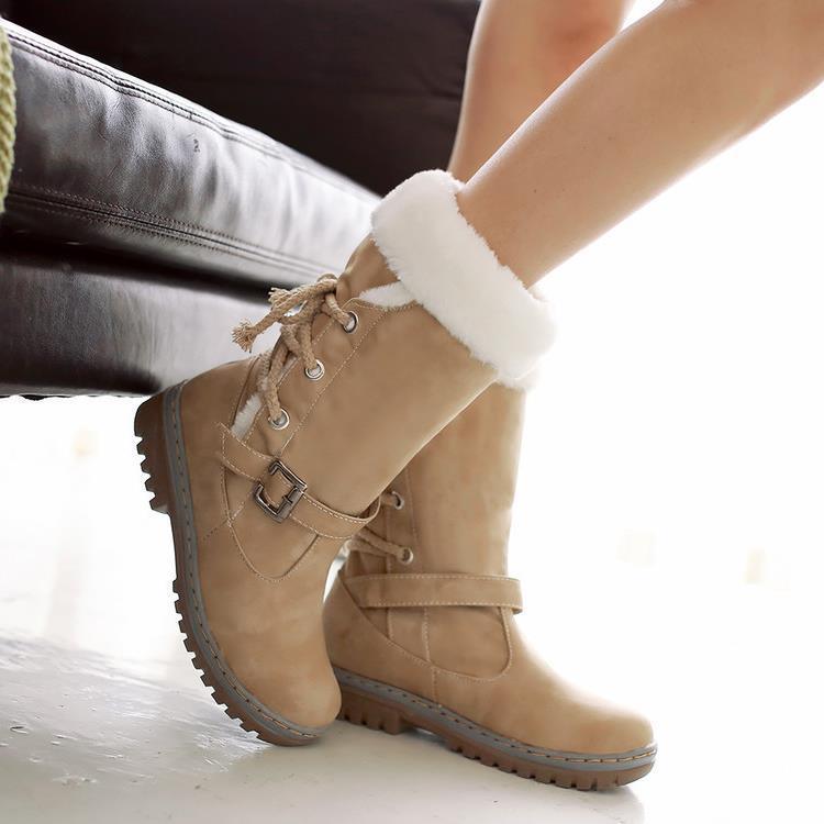 Snow Cotton Belt Buckle Frosted Leather Flat Cotton Shoes Boots
