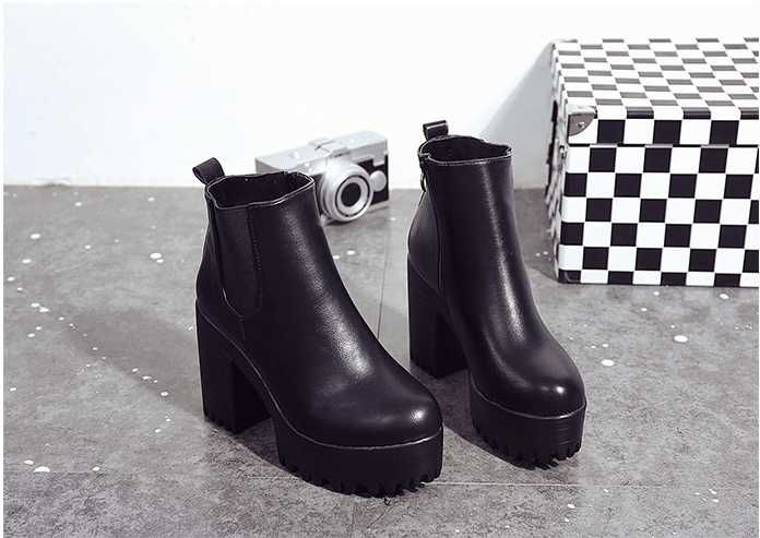 Round Toe Thick High Heel Platform Side Zipper Women's Boots