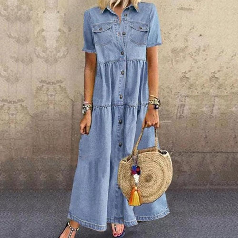 Denim Style Long Multi-buckle Distressed Dress