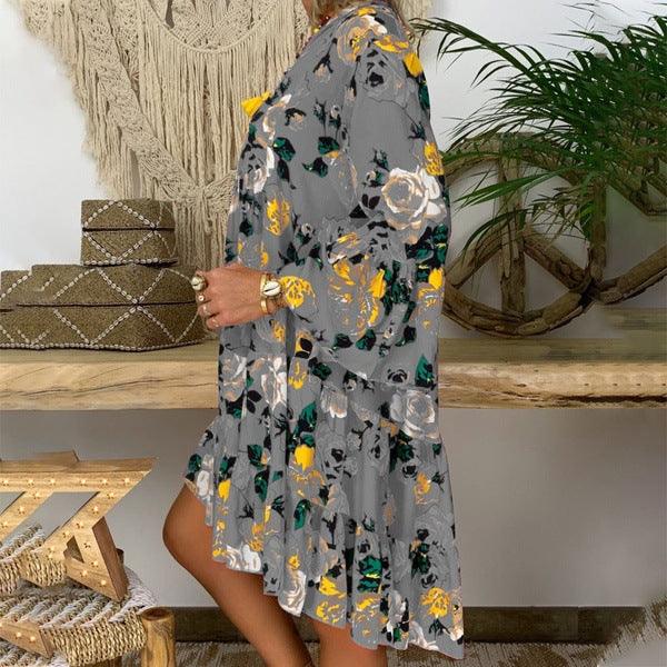 Printed V-neck Button Ruffled Loose Dress