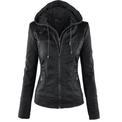 Women's Removable Solid PU Leather Jacket with Lapel