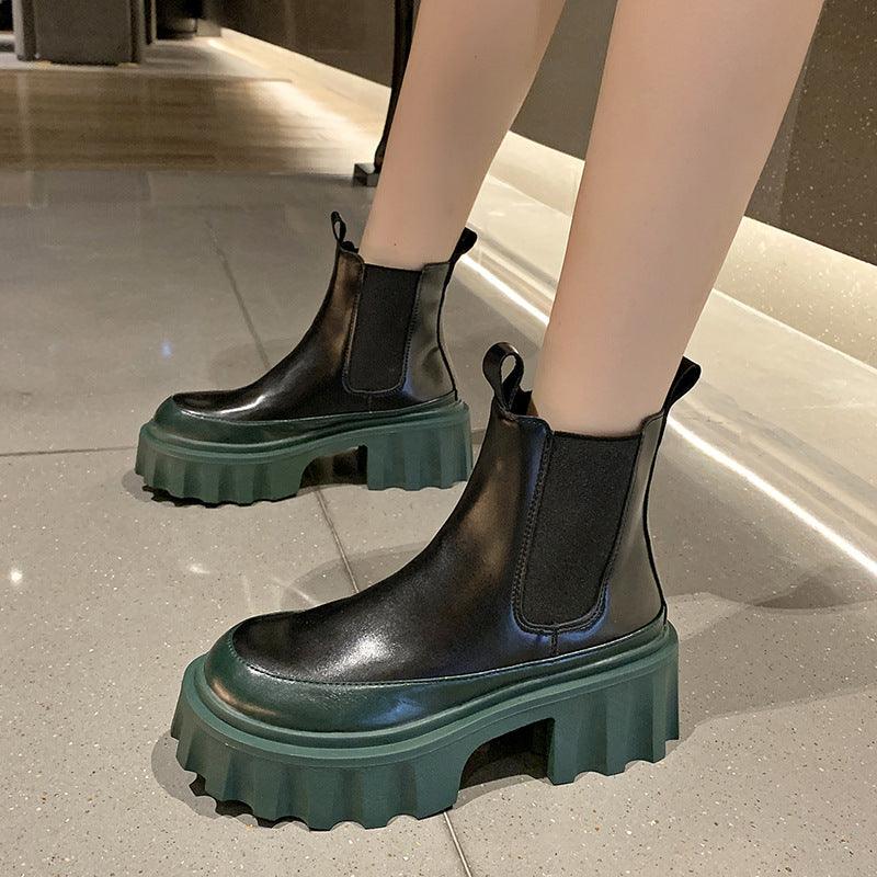 Women's PU Leather Mid-tube Thick-soled Thick-heel Martin Boots