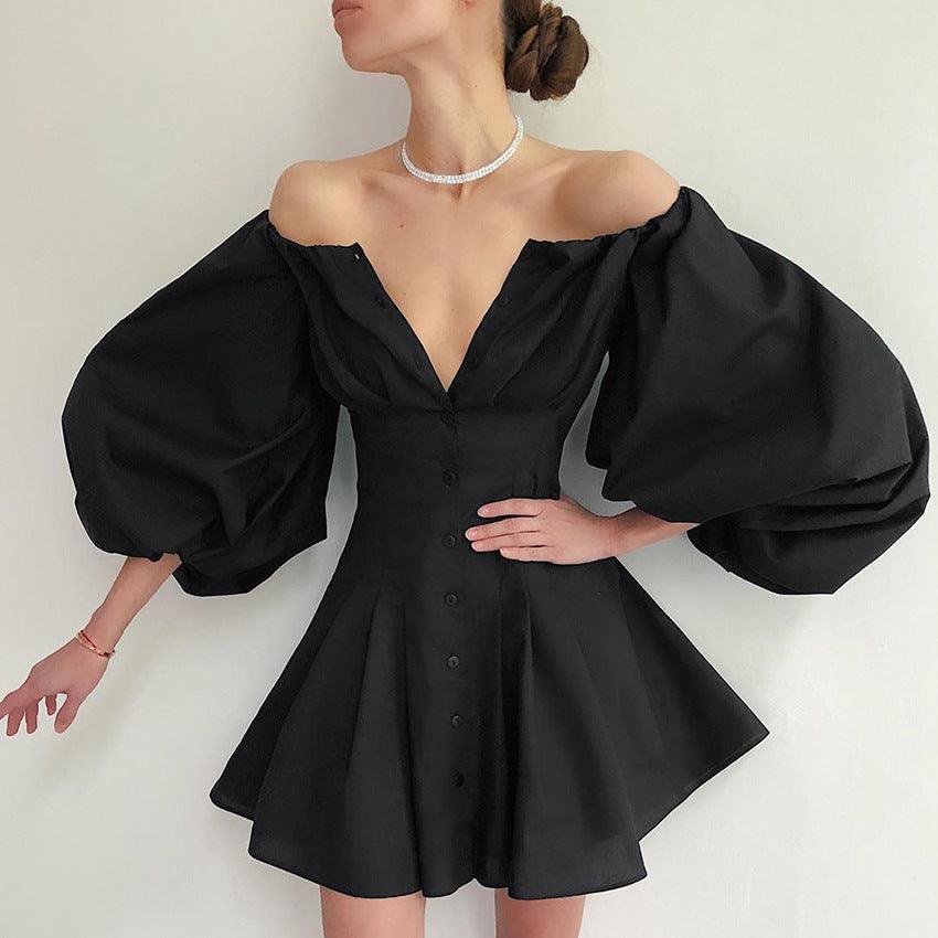 Puff Sleeve One-shoulder Dress Slim Solid Color Skirt