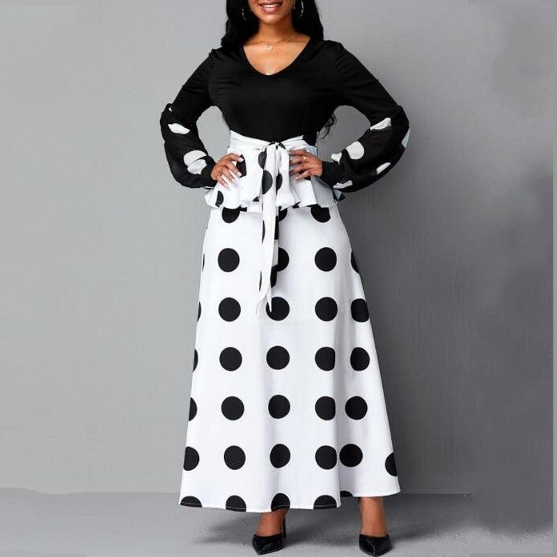 Women's mesh stitching high waist Polka Print Dress