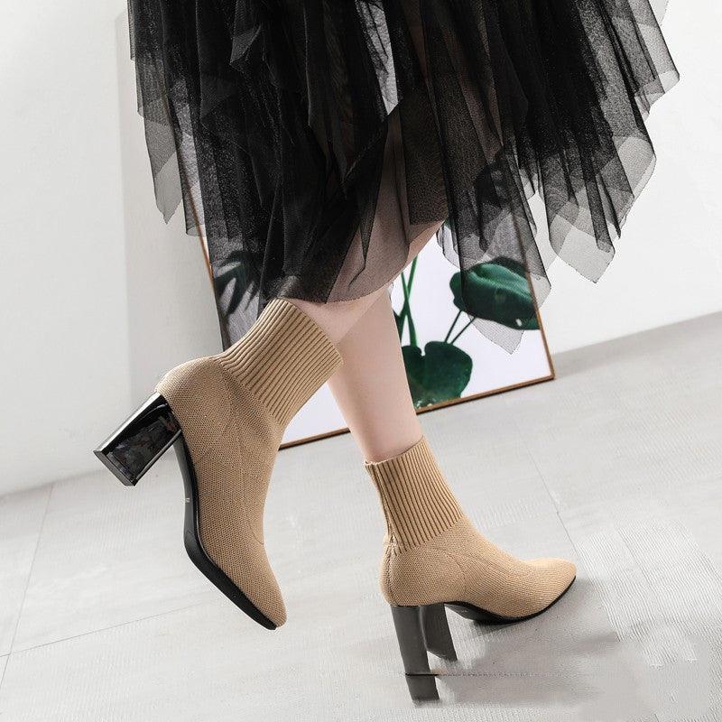Knitted Stretch Thin Boots Fashion Electroplated Thick Heel Ankle Boots