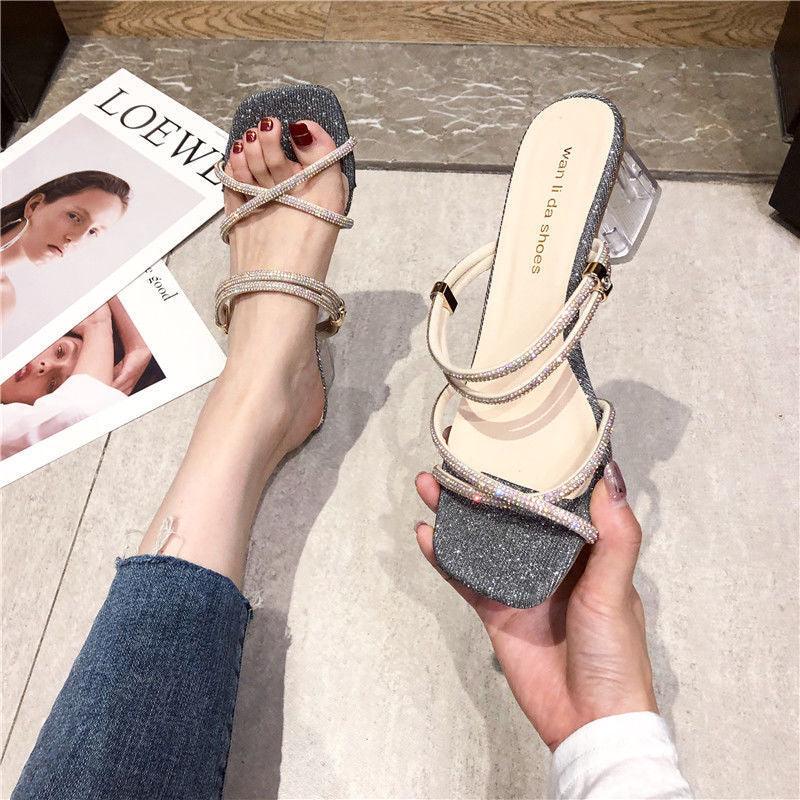 Open-toed Two-wear Fashion Crystal High-heel Sandals