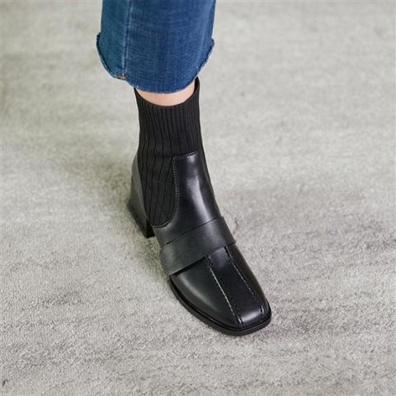 Large Brown Square Toe Mid-heel Soft Faux Leather Shoes