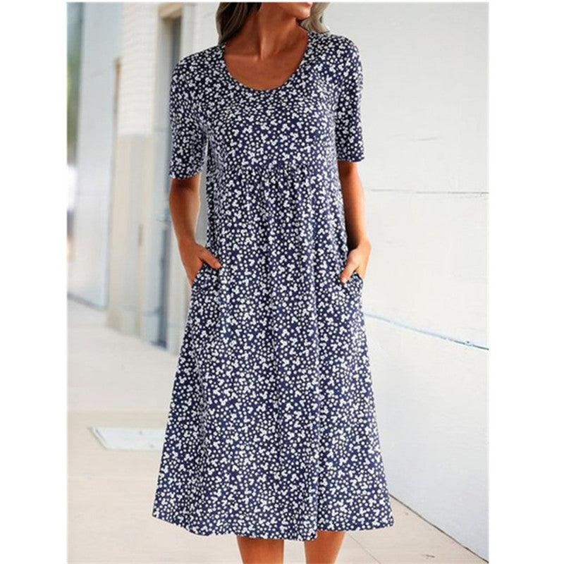 Women's Dress Slim Round Neck Pocket Print