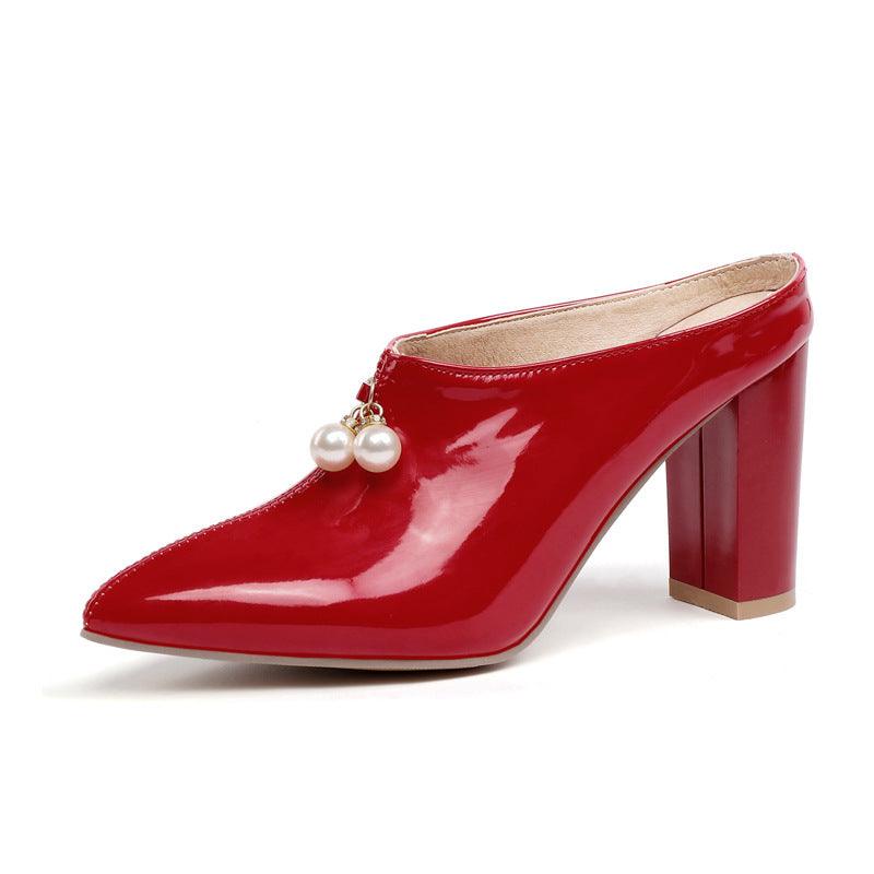 Pearl Pointed Toe Slip-on Block Heel Women's Shoes