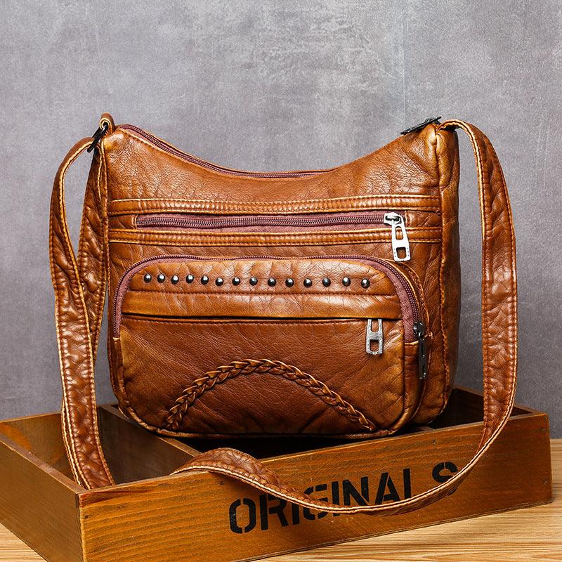 Washed PU Leather One Shoulder Casual Crossbody Bag