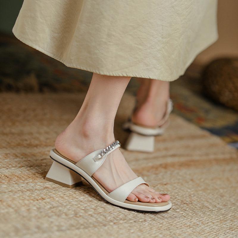 Women's Beige Leather Mid-heel Thick Heel Sandals