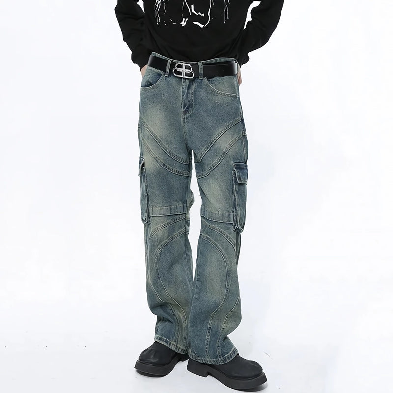 men's patchwork gradient wide leg denim pants - MRSLM