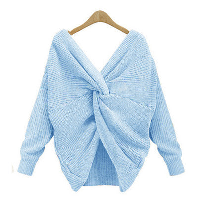 women's v-neck cross backless knit sweater, view 13 - MRSLM