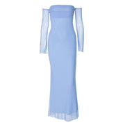 off-the-shoulder long sleeve mesh dress, view 5 - MRSLM
