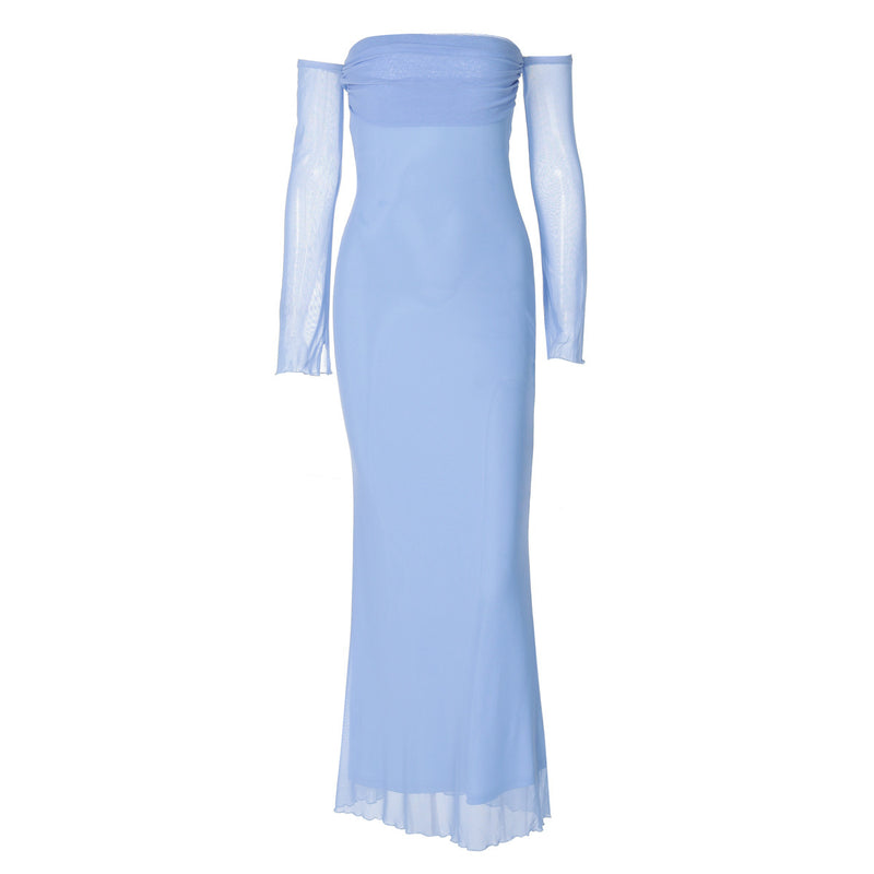off-the-shoulder long sleeve mesh dress, view 5 - MRSLM