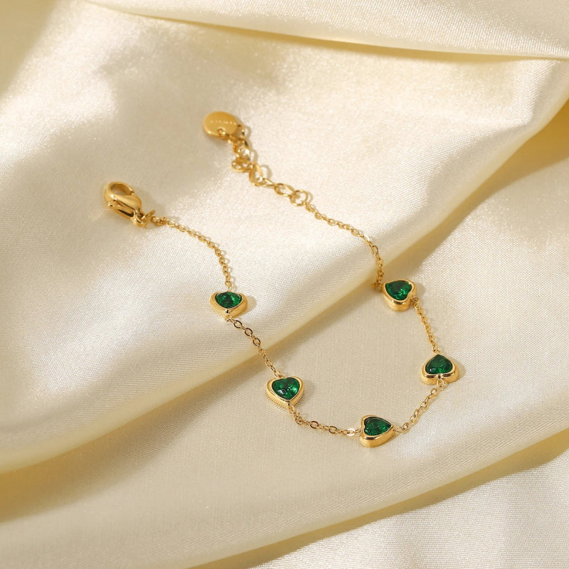 gold plated green heart bracelet, view 3 - MRSLM