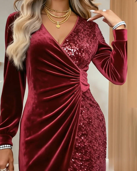 Fashionable V-neck Sequin Velvet Bodycon Dress