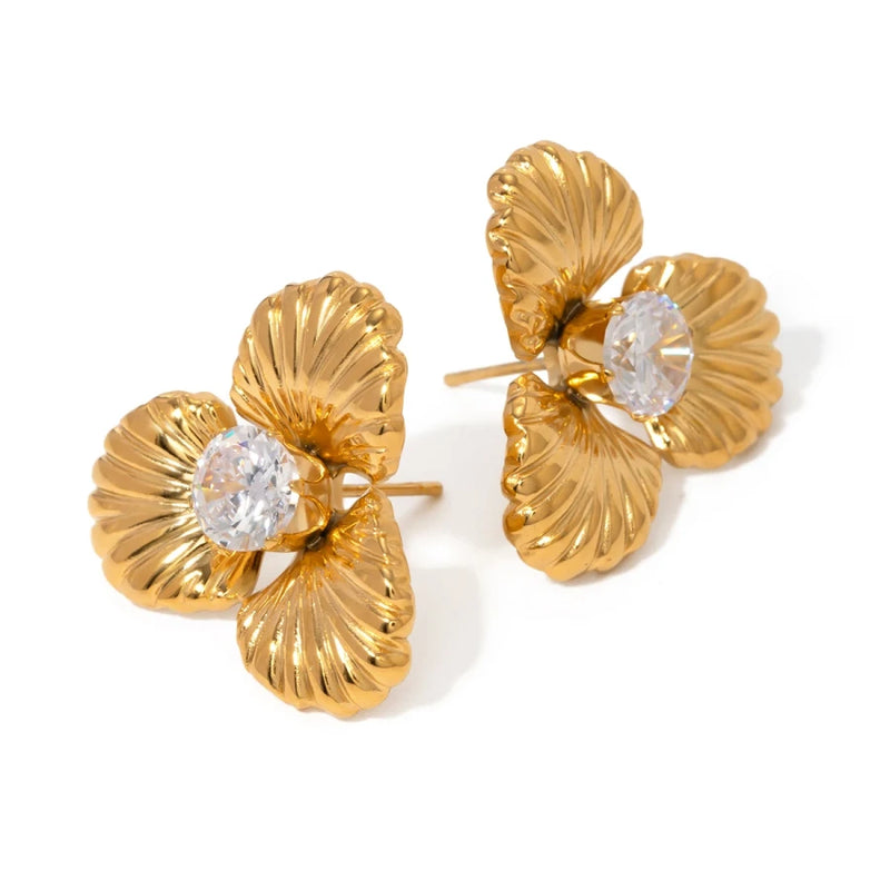 Gold-plated zircon flower stud earrings, view 6 - MRSLM
