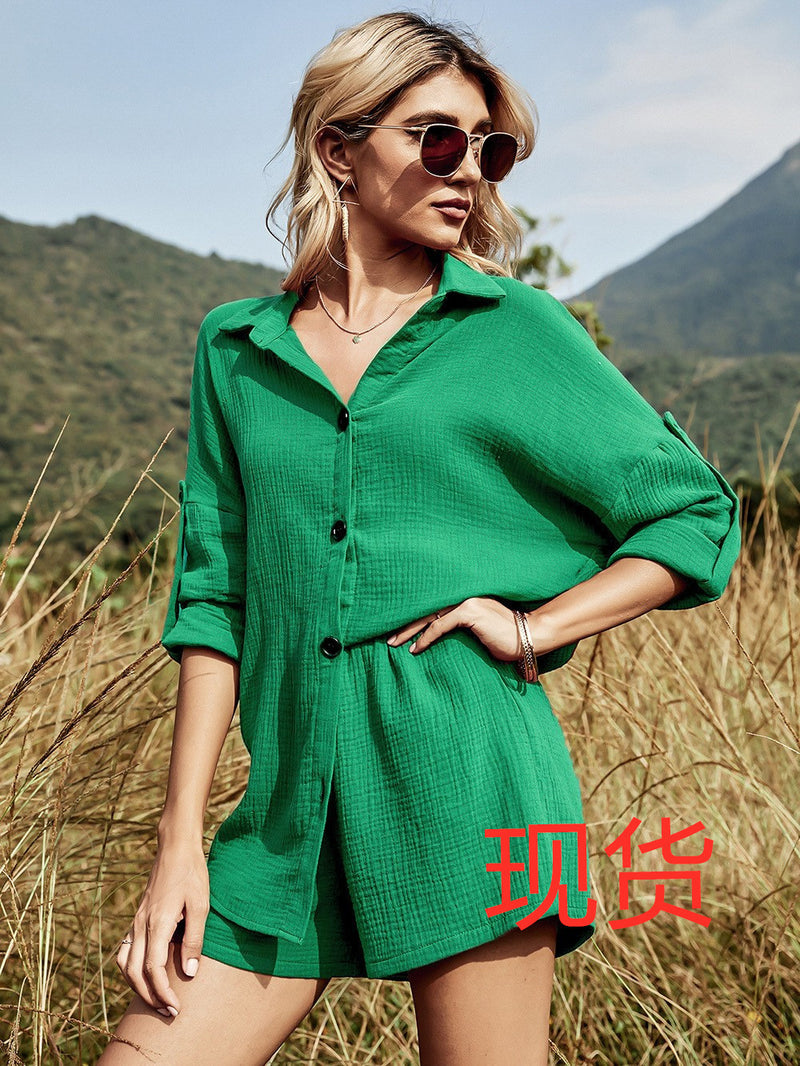women's cotton shirt and shorts two-piece set, view 4 - MRSLM