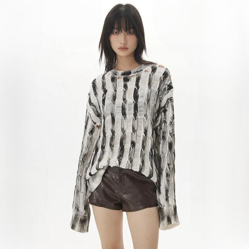 striped knit pullover with hollow accents - MRSLM